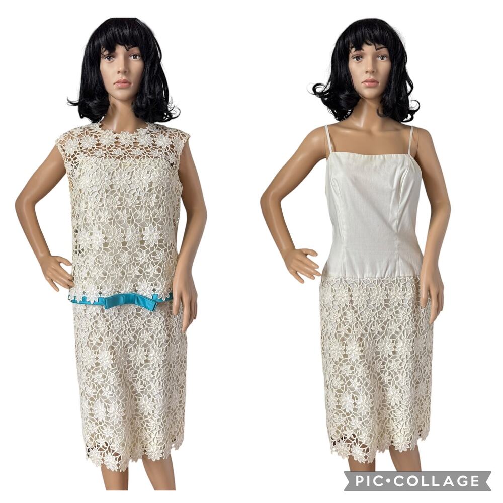 1950s Unbranded Daisy Lace 2pc Dress Set Cream Blue Bow USA XS